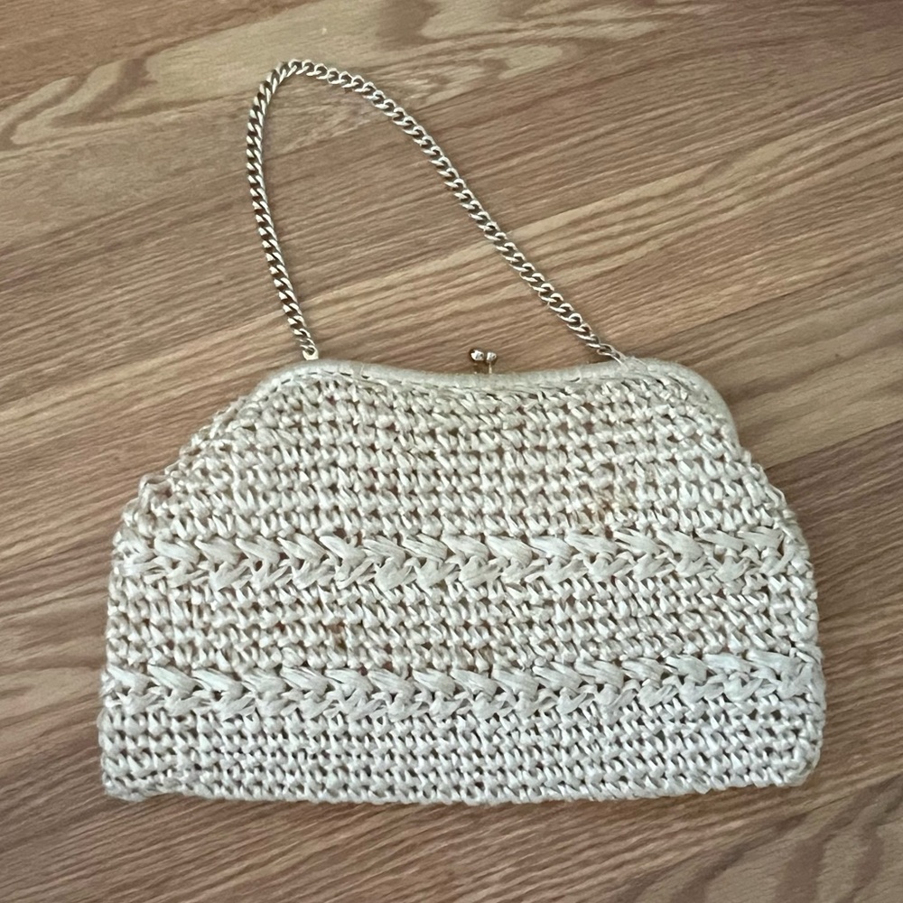Vintage 60s Crochet Raffia clutch Hand Bag Made in Japan